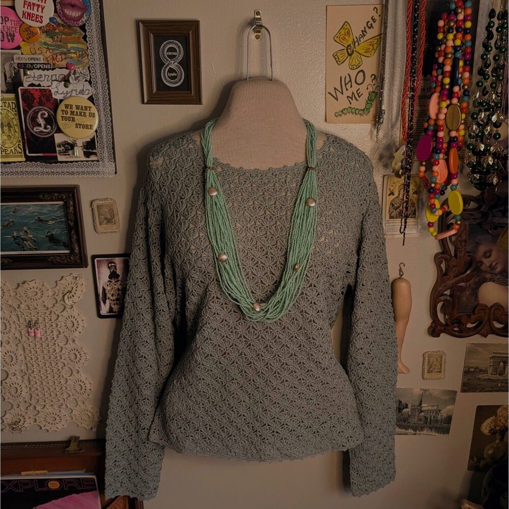 Vintage Crochet Knit Sweater Women's Medium/Large Blue Teal Long Sleeve Boho